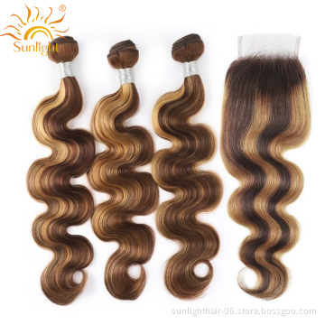 Sunlight 100% virgin hair bundles body wave human hair color 4/27 highlights bundles with 4x4 lace closure frontal